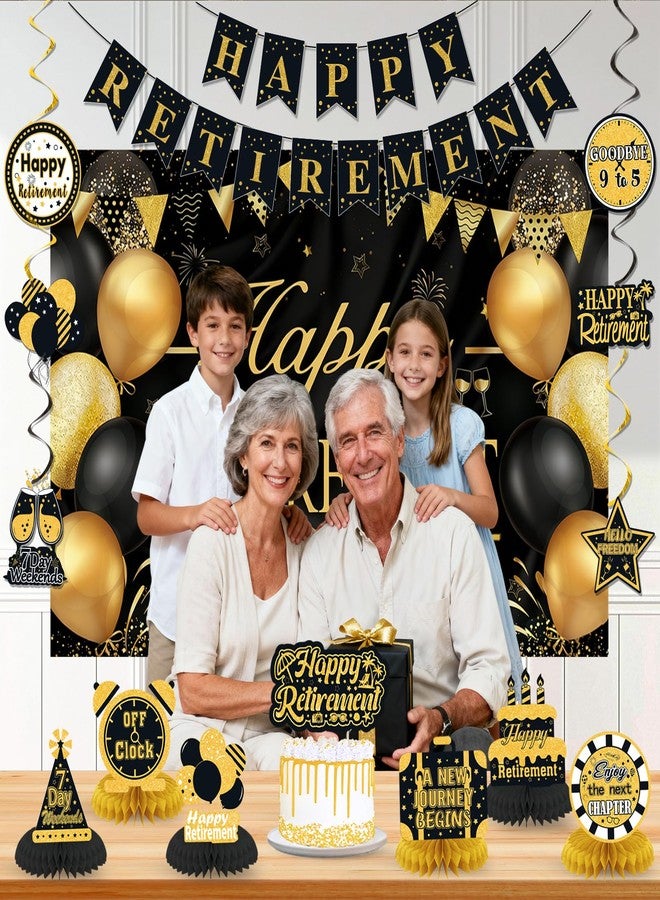 YTHETM Retirement Party Decorations for Men Women Black Gold Happy Retirement Banner Backdrop Honeycomb Centerpiece Cake Topper Hanging Swirl Set - Image 4