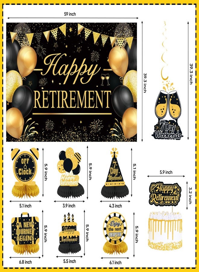 YTHETM Retirement Party Decorations for Men Women Black Gold Happy Retirement Banner Backdrop Honeycomb Centerpiece Cake Topper Hanging Swirl Set - Image 3