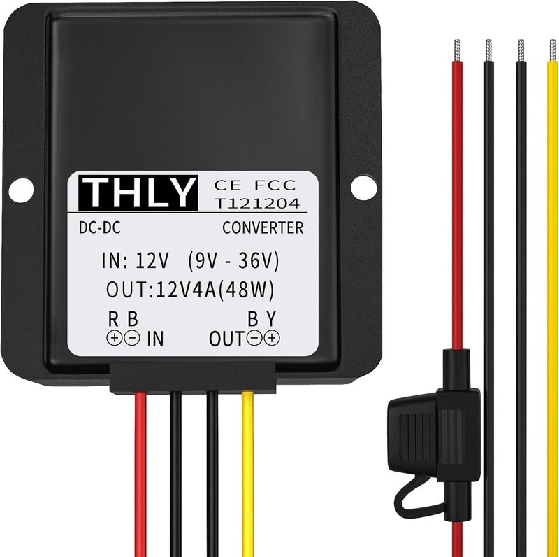 THLY 12V DC Voltage Stabilizer, 4A 48W Surge Protector with Fuse, Waterproof Regulator for Vehicles and Solar Systems - Image 1