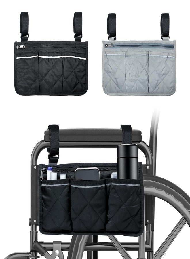 Gabrella 2 Pack Wheelchair Side Bag, Armrest Pouch with Reflective Stripe, Detachable Rollator Bag Wheelchair Pouch Side Pocket Organizer Bags for Wheelchairs, Walkers or Rollators (Black Gray) - Image 1