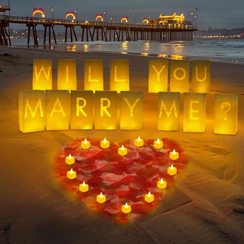 Homemory Will You Marry Me Light Up Letters Proposal Decorations with Flameless Candles and Fake Rose Petals, Valentine's Day Luminary Bags Decorations for Wedding Engagement - Image 5