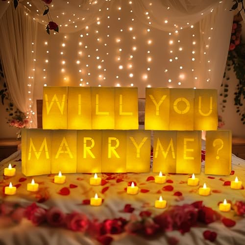 Homemory Will You Marry Me Light Up Letters Proposal Decorations with Flameless Candles and Fake Rose Petals, Valentine's Day Luminary Bags Decorations for Wedding Engagement - Image 4