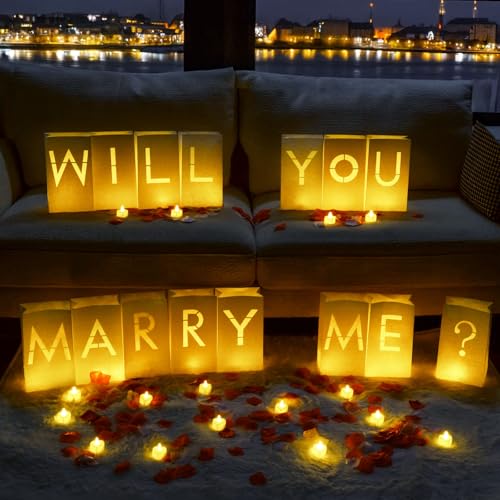 Homemory Will You Marry Me Light Up Letters Proposal Decorations with Flameless Candles and Fake Rose Petals, Valentine's Day Luminary Bags Decorations for Wedding Engagement - Image 1
