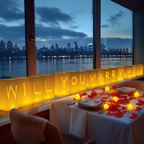 Homemory Will You Marry Me Light Up Letters Proposal Decorations with Flameless Candles and Fake Rose Petals, Valentine's Day Luminary Bags Decorations for Wedding Engagement - Image 3