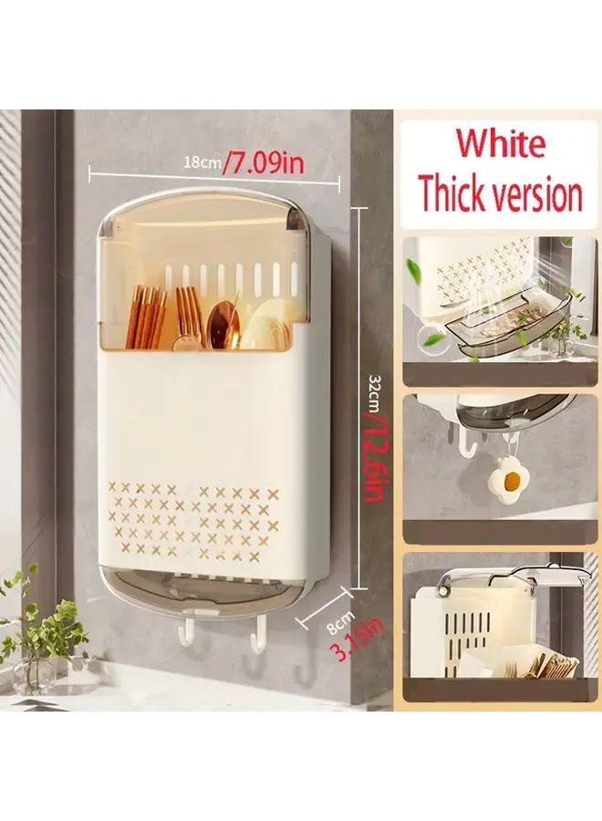 White Thickened Wall Mounted No Drill Utensil Holder Dish Rack With Transparent Flip Lid - Image 3