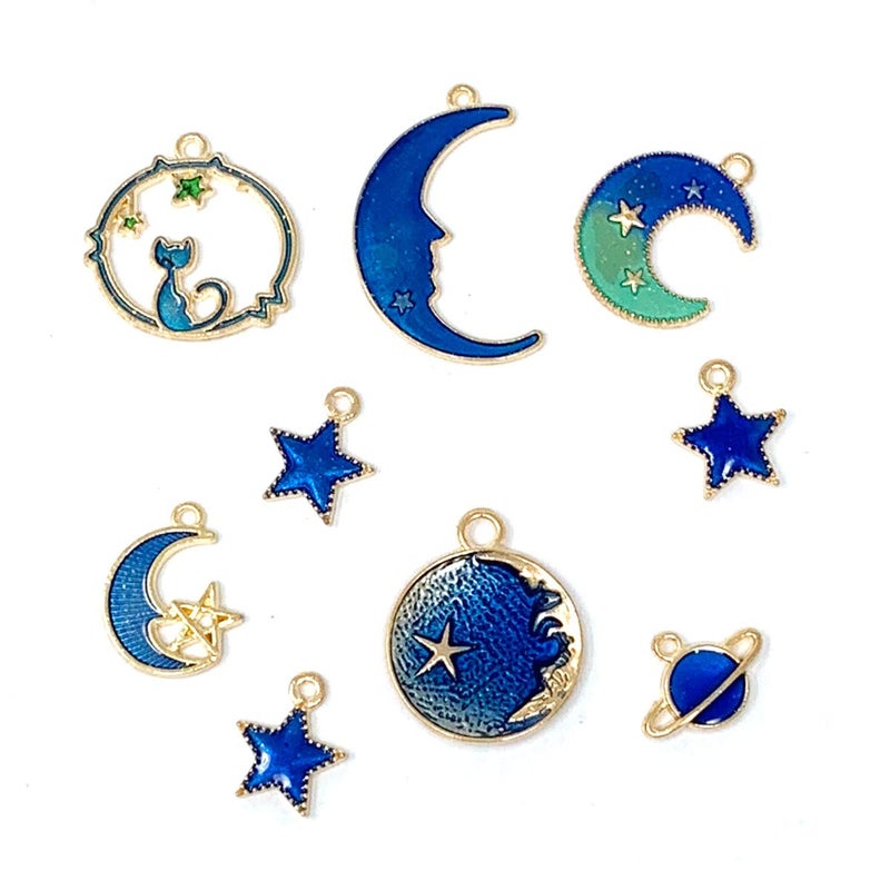 JIALEEY Assorted Gold Plated Enamel Cat Moon Star Celestial Charm Pendant DIY for Earrings Necklace Bracelet Jewelry Making and Crafting - Image 2