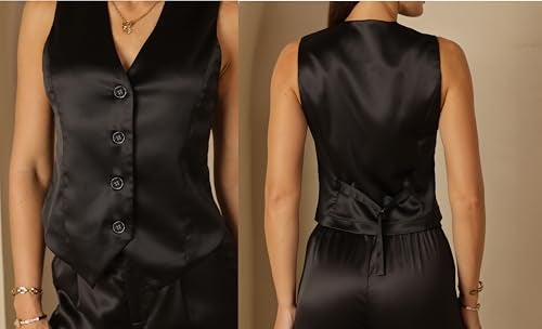 heipeiwa Women's Satin Silky Vest Button Down Sleeveless V Neck Tank Tops Waistcoat Jacket - Image 3
