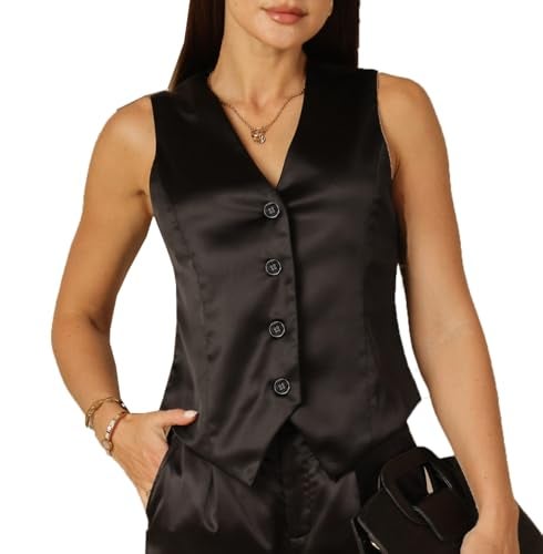 heipeiwa Women's Satin Silky Vest Button Down Sleeveless V Neck Tank Tops Waistcoat Jacket - Image 1