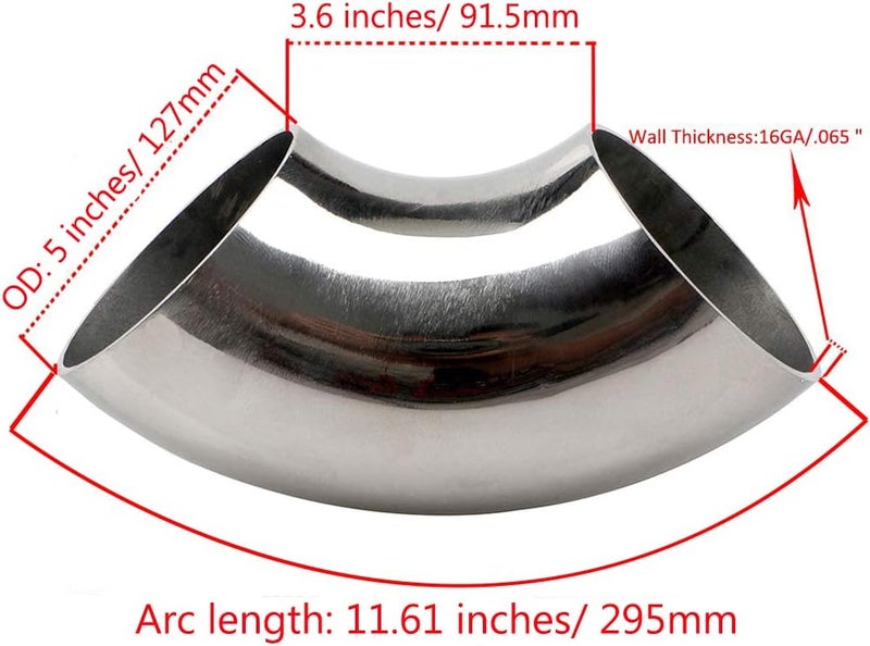 KOTVTM 5" Stainless Steel Exhaust Pipe Elbow 90° Mandrel Bend Elbow - Thickness 16GA/.065" Wall Material SS304 Exhaust Tubing for Modified Exhaust Elbow Pipe, Stair Handrail,etc - Image 2