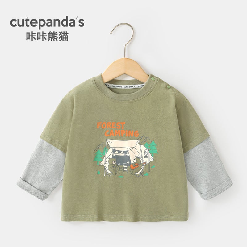 Kaka Panda Baby Two-In-One Long-Sleeve T-Shirt for Children,Spring Outfit,Boys and Girls Base Shirt,Baby Top