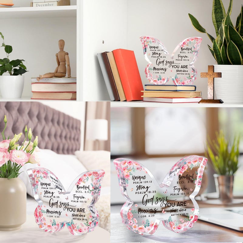 Jettryran Christian Gifts for Women Friends Birthday Butterfly Inspiration Religious Valentines Gifts for Women Mom Sister Coworker God Says You Are Gift Catholic Encouragement Faith Based Desk Decor Plaque - Image 4