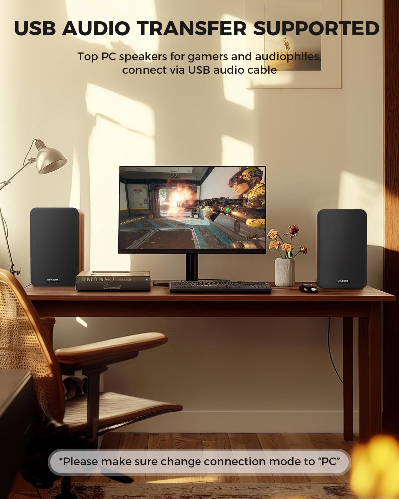 MEVOSTO مكبرات صوت رف نشطة 36 واط RMS - مكبر صوت لاسلكي BT 5.4 مع مضخم صوت 5 بوصة، ومكبر صوت قبة حريرية - مكبرات صوت رقمية USB لمراقبة الاستوديو مع ضبط الجهير والطبقات المدخلة AUX لتشغيل الأسطوانات والتلفاز - Image 4