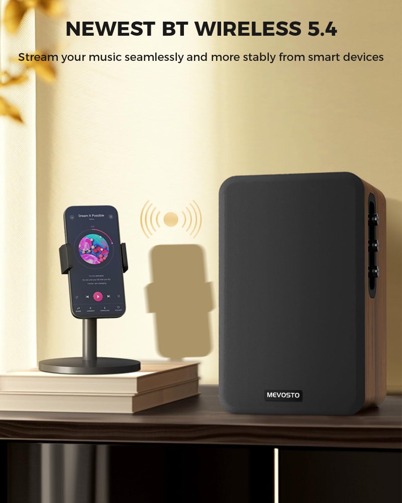 MEVOSTO مكبرات صوت رف نشطة 36 واط RMS - مكبر صوت لاسلكي BT 5.4 مع مضخم صوت 5 بوصة، ومكبر صوت قبة حريرية - مكبرات صوت رقمية USB لمراقبة الاستوديو مع ضبط الجهير والطبقات المدخلة AUX لتشغيل الأسطوانات والتلفاز - Image 5