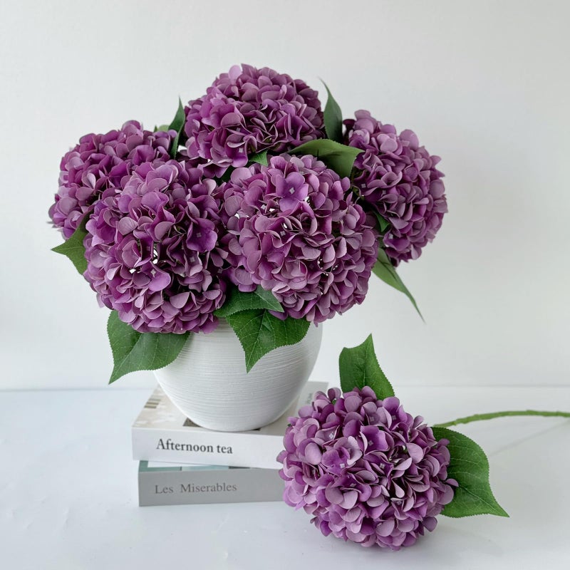 ZYTUYO 5 Pcs Dark Purple Silk Hydrangea Artificial Flowers - Boho Dried Touch 20'' Faux Hydrangeas for Fall Home Decor, Kitchen, Living Room, Porch Wreath, Xmas, Wedding Flower Arrangement - Image 1