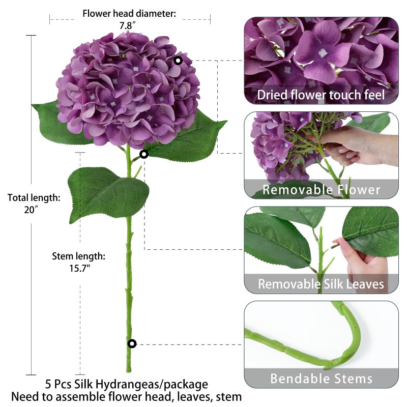 ZYTUYO 5 Pcs Dark Purple Silk Hydrangea Artificial Flowers - Boho Dried Touch 20'' Faux Hydrangeas for Fall Home Decor, Kitchen, Living Room, Porch Wreath, Xmas, Wedding Flower Arrangement - Image 4