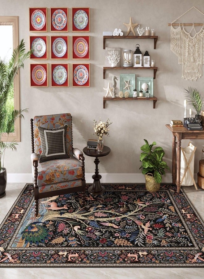 Rugcomf Area Rugs 4x6 Vibrant Tree of Life-Patterned Vintage Washable Rugs Non Slip Low Pile Small Carpet for Bedroom Bedside Kids Room Office Dining Room, Black - Image 5