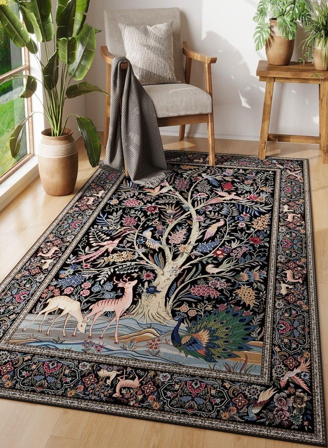 Rugcomf Area Rugs 4x6 Vibrant Tree of Life-Patterned Vintage Washable Rugs Non Slip Low Pile Small Carpet for Bedroom Bedside Kids Room Office Dining Room, Black - Image 1