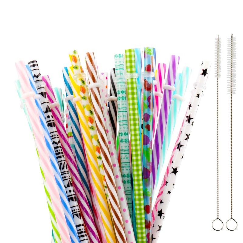 SUBANG 50 Pack Reusable Straws BPAFree 9 Colorful Hard Plastic Stripe Drinking Straw for Mason Jar Tumbler Family or Party Use with Cleaning Brush