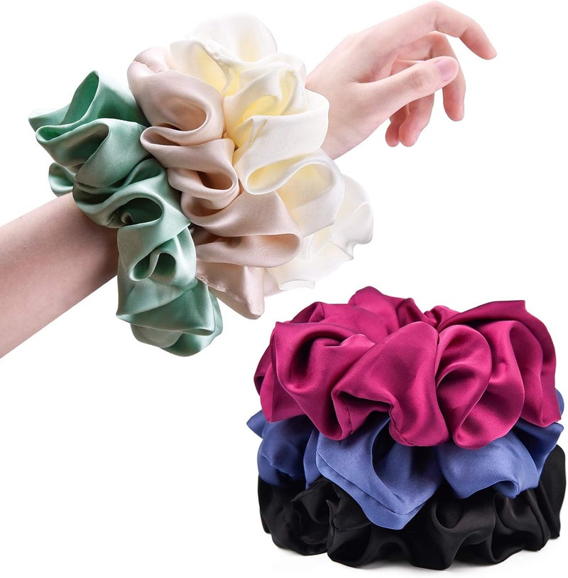 CEELGON Big Real Silk Scrunchies for Women Extra Large Scrunchie Satin Oversized Silk Scrunchy for Thick Hair Elastic Hair Ties Jumbo Hair Scrunchies 6 Pack (black - Image 1