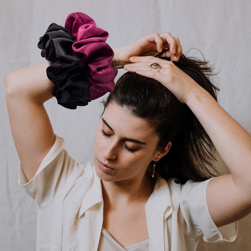 CEELGON Big Real Silk Scrunchies for Women Extra Large Scrunchie Satin Oversized Silk Scrunchy for Thick Hair Elastic Hair Ties Jumbo Hair Scrunchies 6 Pack (black - Image 4