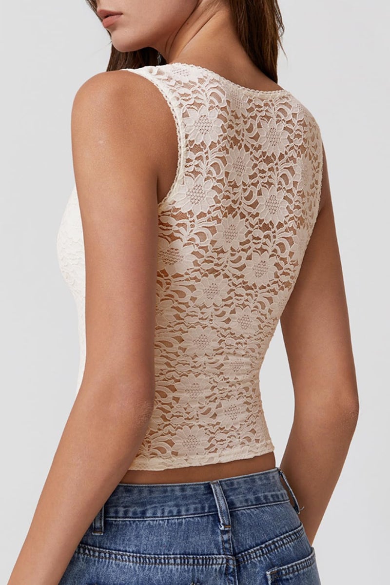 QINSEN Summer Sleeveless Lace Top for Women Tight Square Neck Soft Stretch Tank Top Off-White XS - Image 2
