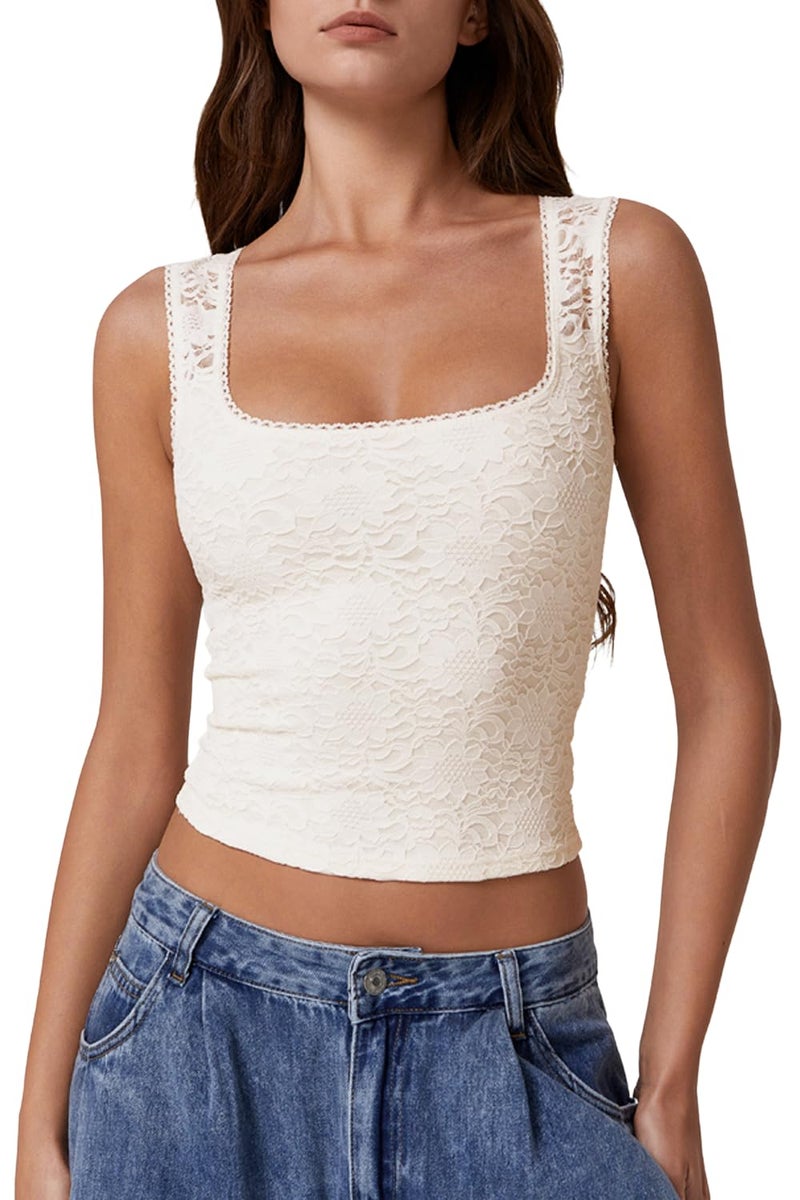 QINSEN Summer Sleeveless Lace Top for Women Tight Square Neck Soft Stretch Tank Top Off-White XS - Image 1