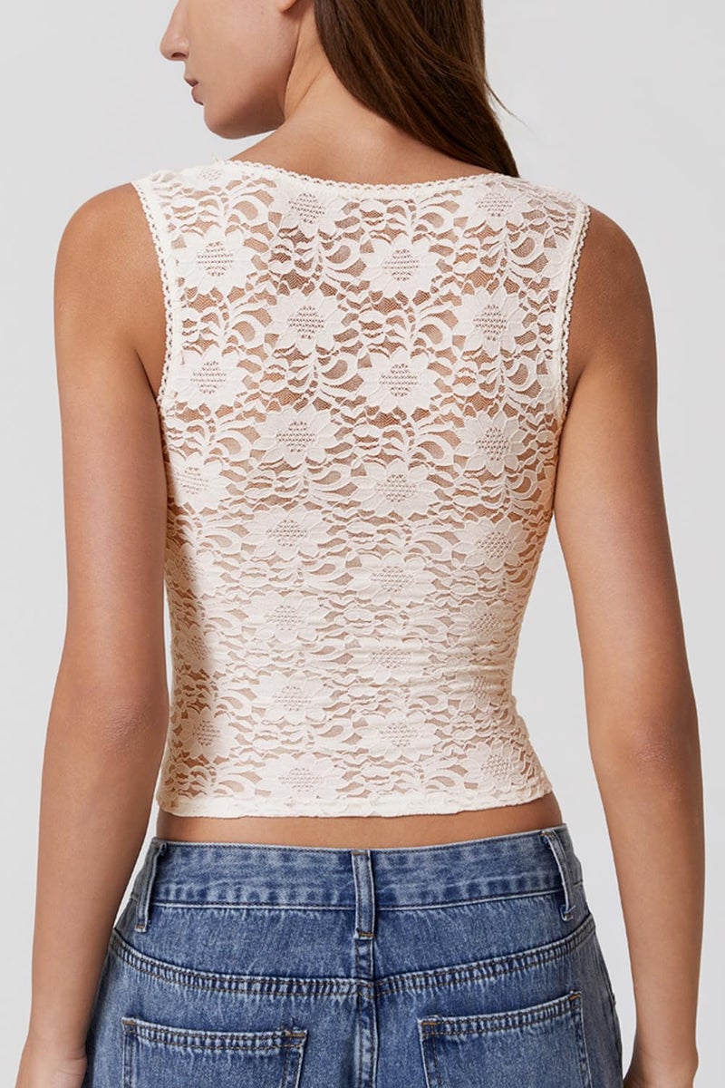 QINSEN Summer Sleeveless Lace Top for Women Tight Square Neck Soft Stretch Tank Top Off-White XS - Image 4