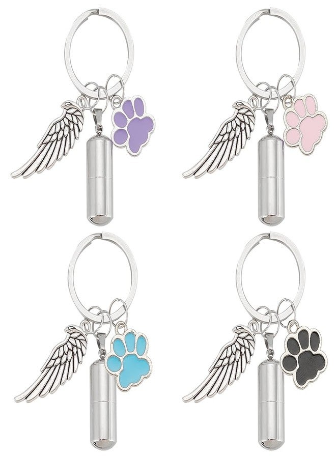NBEADS 4 Pcs 4 Colors Pet Ashes Key Chain, Pet Memorial Keychain Dog Cat Cremation Keychain Alloy Pet Ashes Keepsake Pet Cremation Jewelry Paw Print Urn Pendant with Angel Wings - Image 1