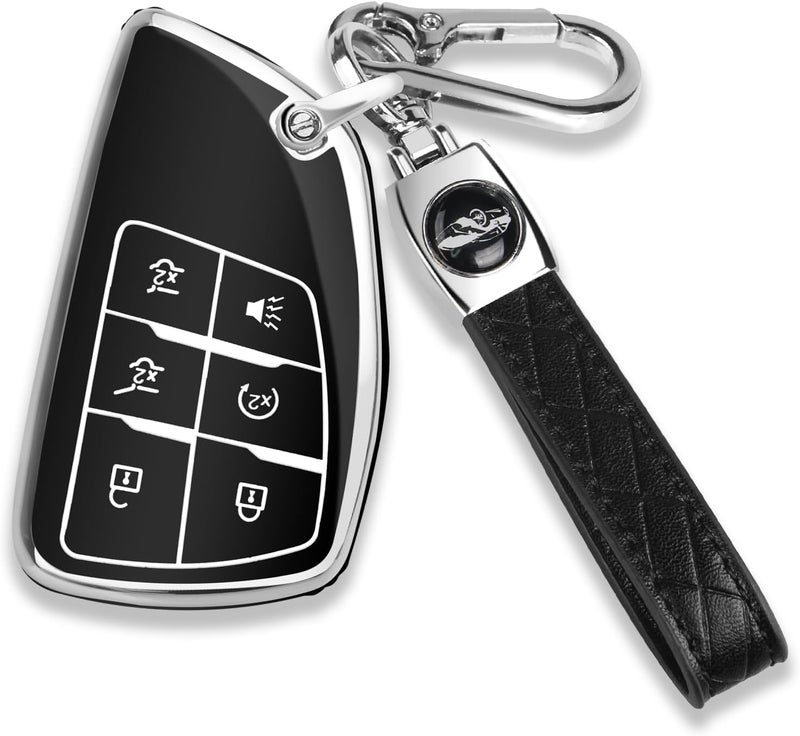 QBUC Key Fob Cover for Chevy and GMC Vehicles - 5-Button Protection Case with Keychain (Chrome Trim Black) - Image 1
