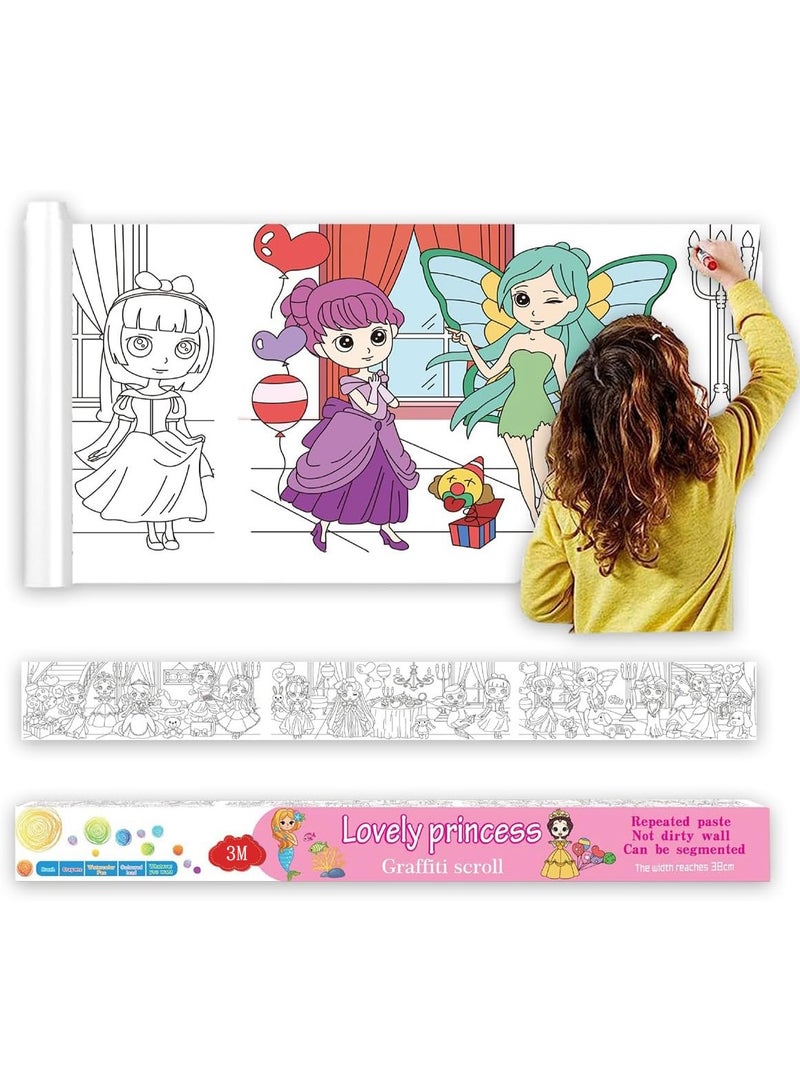 HALAMODO Lovely Princess Kids Drawing Roll , Super Long Coloring Paper Roll Stick On Wall Kindergarten , Children Fill Color Painting DIY Art Educational Toy , For Children's Graffiti Painting Interest Cultivation , 300*38 cm - Image 1