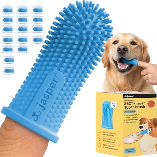 Jasper Dog Toothbrush 360 Degree Pet Tooth Brushing Kit Cat Toothbrush Canine Dental Care Teeth Cleaning Kit Pet Finger Tooth Brush Use with Dog Toothpaste 16Pack Blue - Image 1