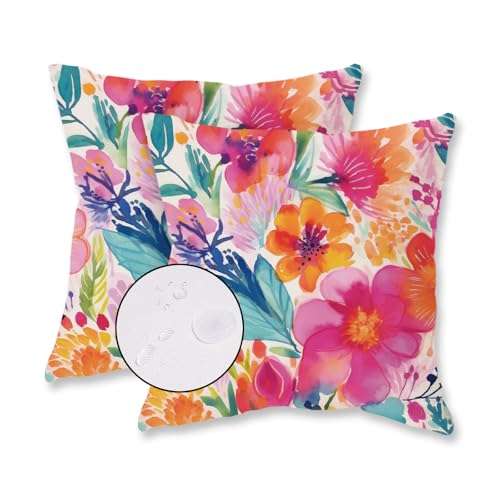 TAJWE Outdoor Pillow Covers 18x18 Inch Set of 2 White Floral Waterproof Throw Pillowcases Modern Farmhouse Decorative Square Cushion Cases for Patio Furniture Garden Bench Porch Decor - Image 1