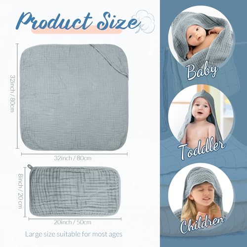 VitalCozy 8 Pcs Baby Muslin Hooded Bath Towels and Washcloths Muslin Hooded Baby Towels Absorbent Blankets for Gift Newborn Infant Shower BlueWhite - Image 3