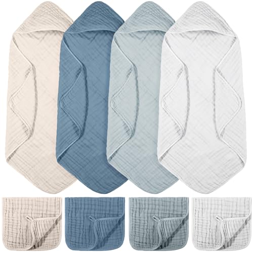 VitalCozy 8 Pcs Baby Muslin Hooded Bath Towels and Washcloths Muslin Hooded Baby Towels Absorbent Blankets for Gift Newborn Infant Shower BlueWhite - Image 1