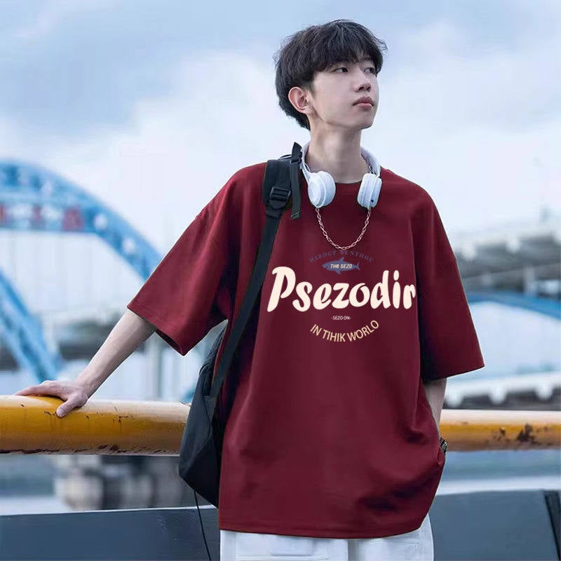 Heavyweight 100% pure cotton Hong Kong-style printed short-sleeved T-shirt for men's summer new versatile trendy loose T-shirt top - Image 2