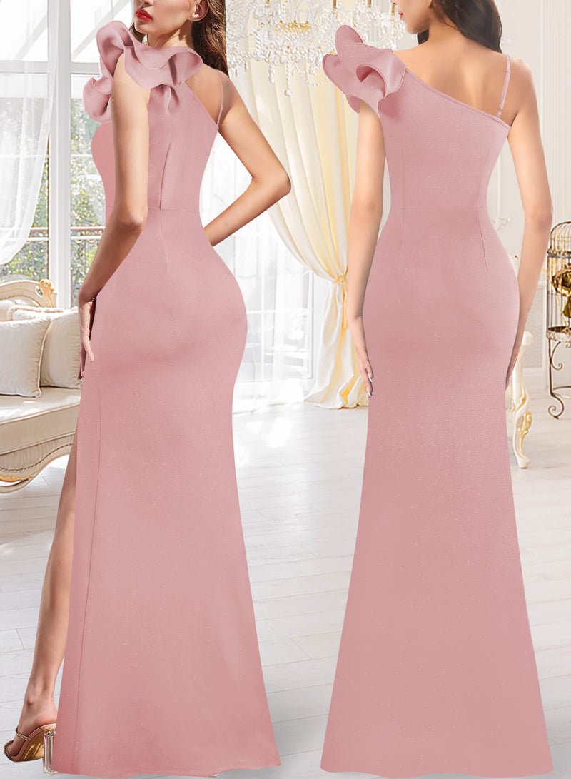 VFSHOW Womens Ruffle One Shoulder Strap Ruched Formal Prom Wedding Maxi Dress V Neck Elegant Split Cocktail Evening Long Gown (Sparkly Blush Pink, Medium) 10532 PIK M - Image 2