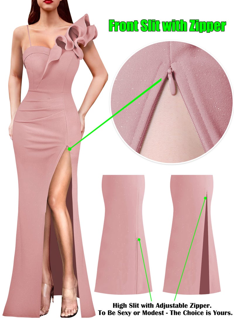 VFSHOW Womens Ruffle One Shoulder Strap Ruched Formal Prom Wedding Maxi Dress V Neck Elegant Split Cocktail Evening Long Gown (Sparkly Blush Pink, Medium) 10532 PIK M - Image 5