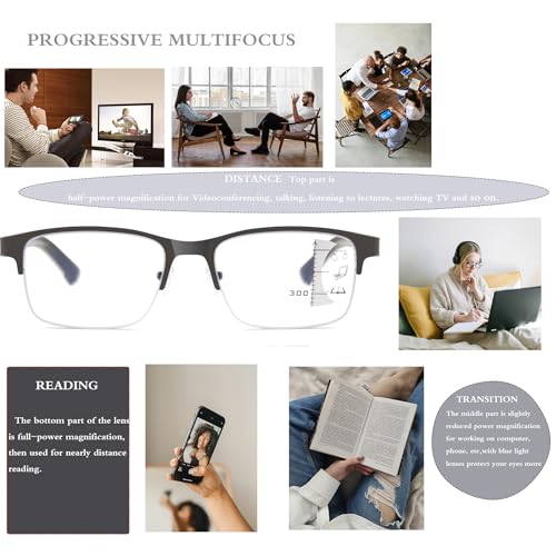 Ryegis Half Frame Progressive Multifocus Reading Glasses Anti Blue Light,Semi Rimless Readers For Men 2.5x - Image 4