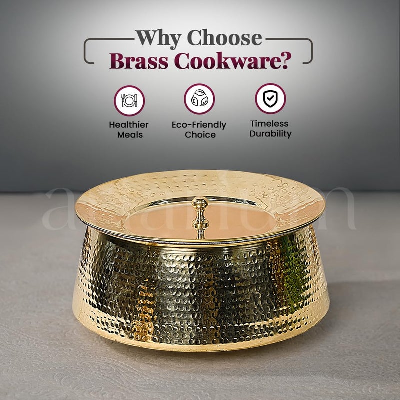 Artarium Pure Brass Lagaan Tin Coated Hammered 2 Litre Lagaan with Lid Handcrafted Harmless Premium Patila with Lid with Health Benefits Brass Kitchen Utensils Serving Pot (Brass Handi 2 Litre) - Image 5