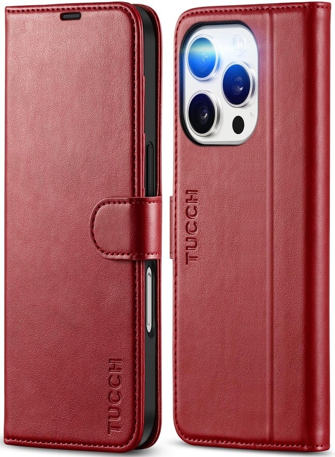 TUCCH Case Wallet for iPhone 16 Pro, RFID Blocking PU Leather Kickstand Folio Cover with 4 Card Slots [TPU Protective Interior Shell], Magnetic Flip Case Compatible with iPhone 16 Pro, Dark Red - Image 1