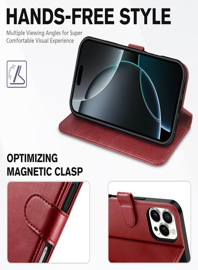 TUCCH Case Wallet for iPhone 16 Pro, RFID Blocking PU Leather Kickstand Folio Cover with 4 Card Slots [TPU Protective Interior Shell], Magnetic Flip Case Compatible with iPhone 16 Pro, Dark Red - Image 4