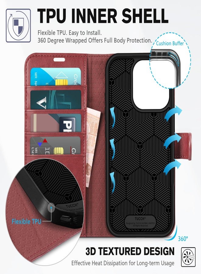 TUCCH Case Wallet for iPhone 16 Pro, RFID Blocking PU Leather Kickstand Folio Cover with 4 Card Slots [TPU Protective Interior Shell], Magnetic Flip Case Compatible with iPhone 16 Pro, Dark Red - Image 5