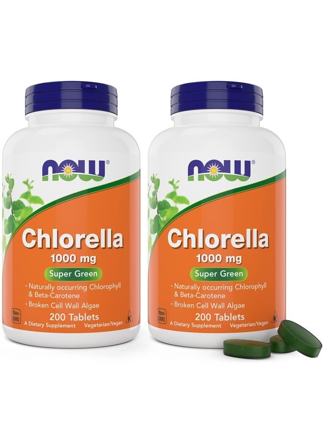 now Chlorella 1000mg Tablets - 200 Count (Pack of 2) - Natural Occurring Chlorophyll, Beta-Carotene - Non-GMO, Vegan - Green Super Food Supplement for Women and Men - Image 1