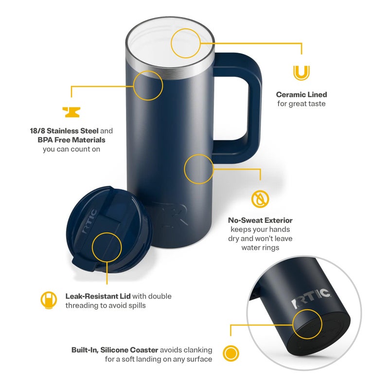 RTIC 20oz Road Trip Travel Mug with Lid and Handle, Ceramic Lined, Insulated, Stainless Steel, Metal, Double Wall Vacuum-Insulation, Portable Coffee, Tea Cup for Hot and Cold Drink, Navy - Image 4