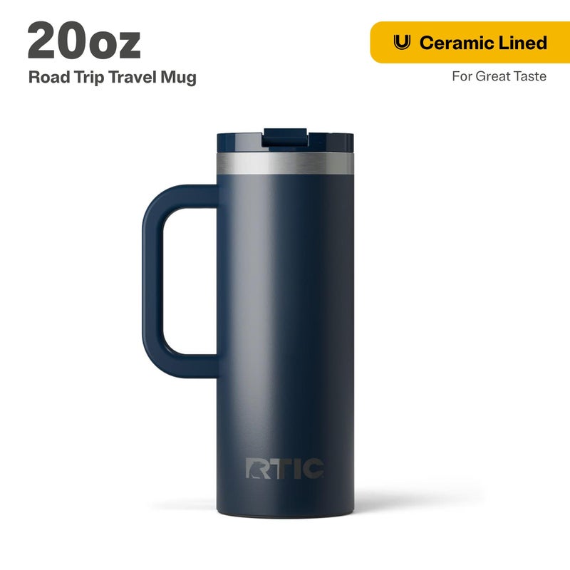 RTIC 20oz Road Trip Travel Mug with Lid and Handle, Ceramic Lined, Insulated, Stainless Steel, Metal, Double Wall Vacuum-Insulation, Portable Coffee, Tea Cup for Hot and Cold Drink, Navy - Image 2