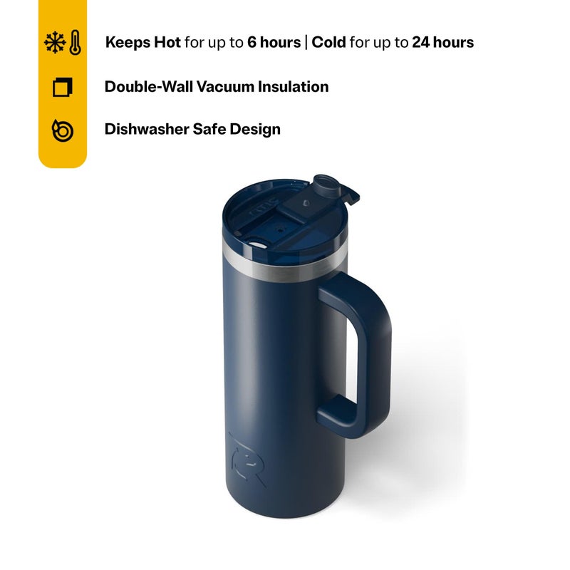 RTIC 20oz Road Trip Travel Mug with Lid and Handle, Ceramic Lined, Insulated, Stainless Steel, Metal, Double Wall Vacuum-Insulation, Portable Coffee, Tea Cup for Hot and Cold Drink, Navy - Image 3