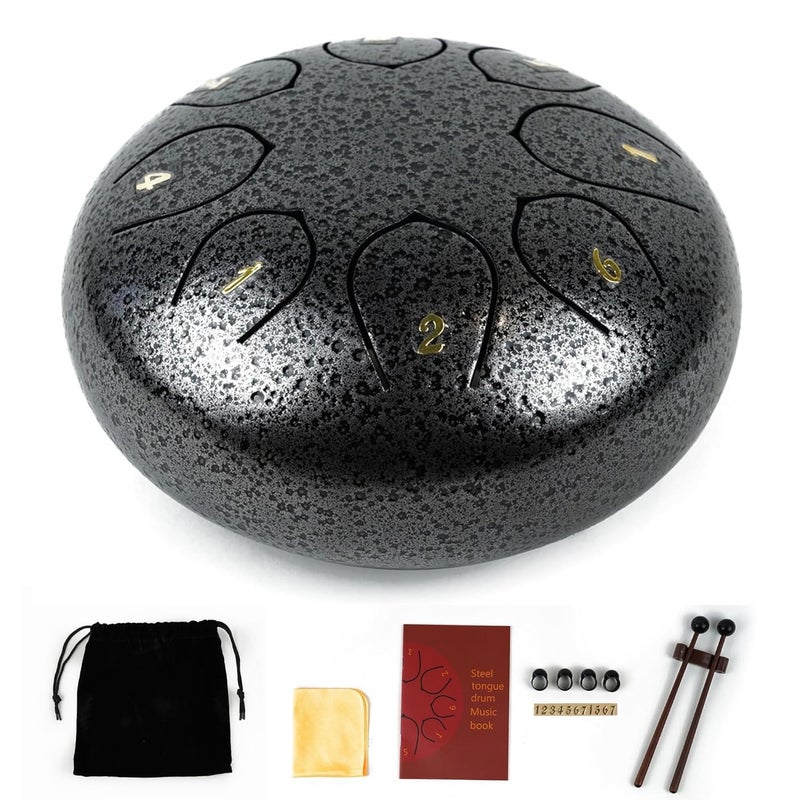 Regis 8 Notes 6 Inch Grey Alloy Steel Tongue Drum – Handpan Percussion Drum for Kids & Adults, Meditation, Yoga, Music Therapy – Includes Mallets, Finger Picks & Travel Bag – Grey - Image 1