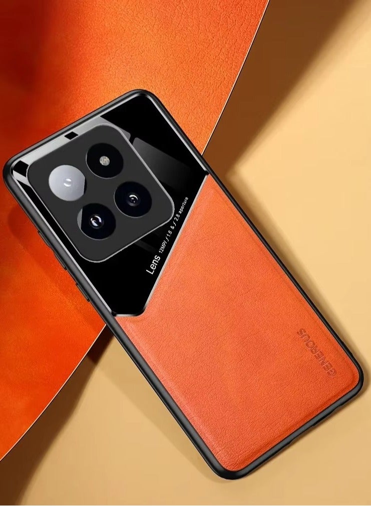 Case Compatible With Xiaomi 14T/14T Pro, Cover Luxury Leather And Glass With Car Magnetic Holder Phone Cover Soft Frame Silicone - Orange - Image 1