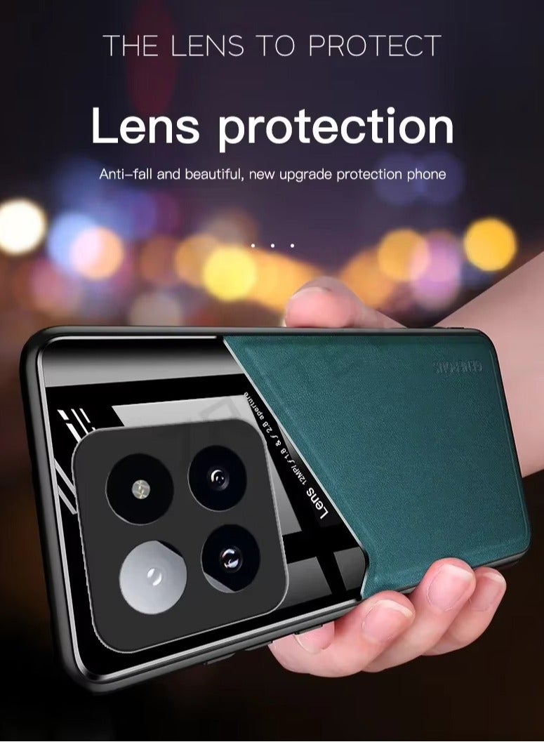 Case Compatible With Xiaomi 14T/14T Pro, Cover Luxury Leather And Glass With Car Magnetic Holder Phone Cover Soft Frame Silicone - Orange - Image 3