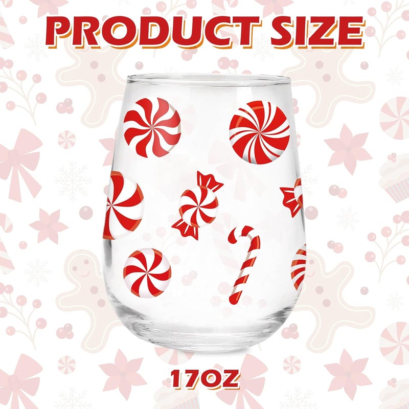 Whaline 2Pcs Christmas Stemless Wine Glasses 17oz Xmas Candy Theme Drinking Glasses Candy Cane Tumbler Cups for Party Supplies Gifts - Image 2